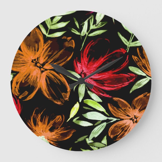 Grande Horloge Ronde Fleurs d'aquarelle rouge 6 (Recto)