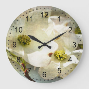 Grande Horloge Ronde Fleurs de bois de chien blanc