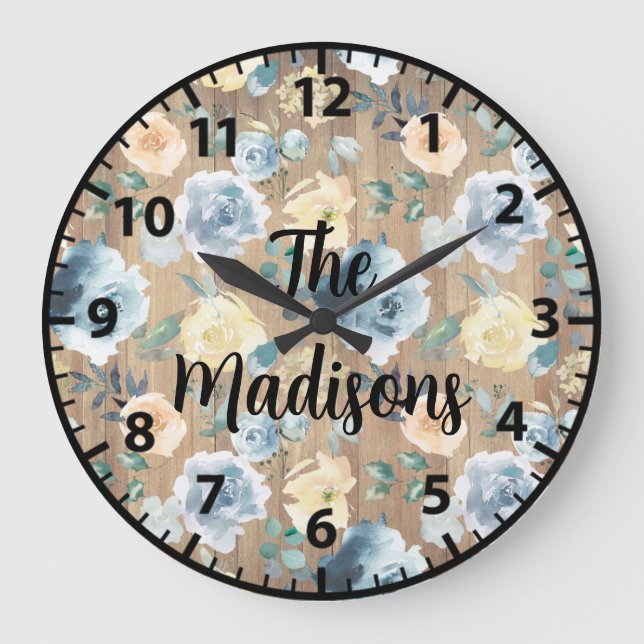 Grande Horloge Ronde Fleurs de bois rustique personnalisées Crème bleue (Recto)