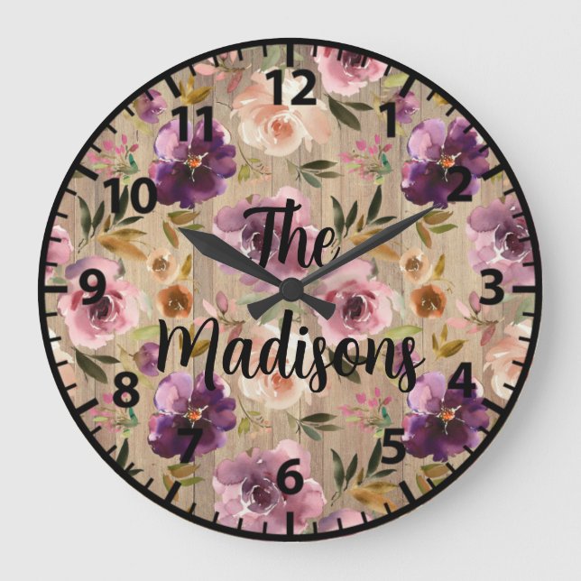 Grande Horloge Ronde Fleurs de bois rustique personnalisées Élégant vio (Recto)