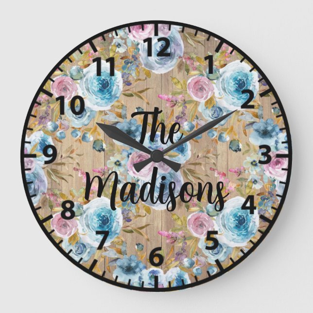 Grande Horloge Ronde Fleurs de bois rustique personnalisées Roses bleu  (Recto)