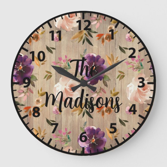 Grande Horloge Ronde Fleurs de bois rustique personnalisées Roses viole (Recto)