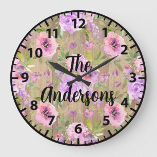 Grande Horloge Ronde Fleurs de bois rustique sur mesure Roses rose et v