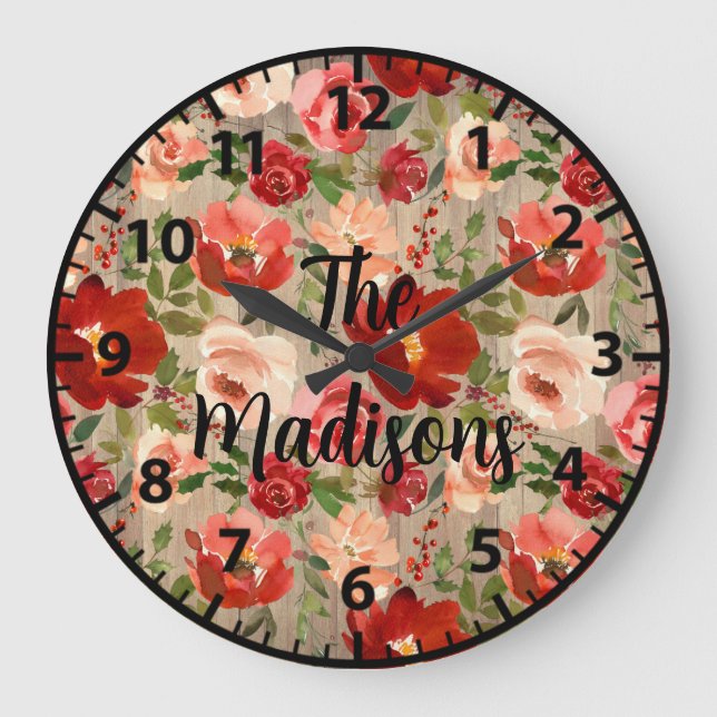 Grande Horloge Ronde Fleurs de bois rustiques personnalisées Crème roug (Recto)