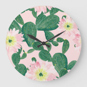 Grande Horloge Ronde Fleurs de cactus : peinture aquarelle
