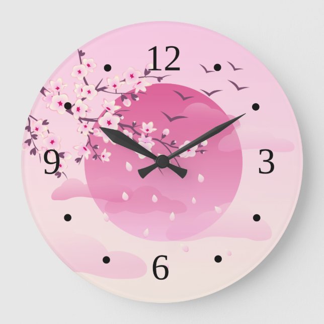 Grande Horloge Ronde Fleurs de cerises Paysage japonais rose (Recto)