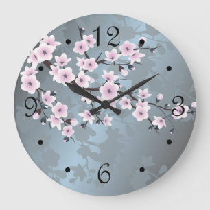 Grande Horloge Ronde Fleurs de cerisier Fleur poussiéreuse rose bleu Ch