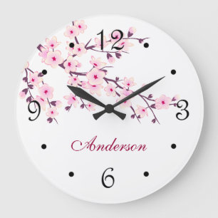 Grande Horloge Ronde Fleurs de cerisier rose blanc Nom de famille