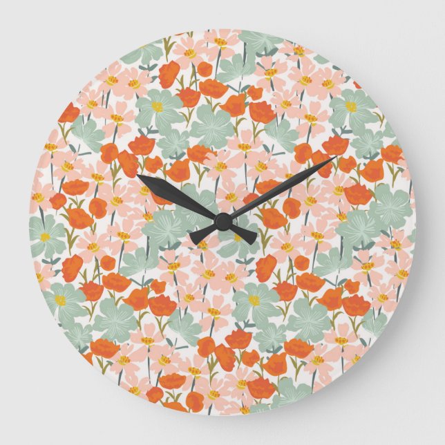 Grande Horloge Ronde Fleurs de jardin : rose, orange sans soudure (Recto)