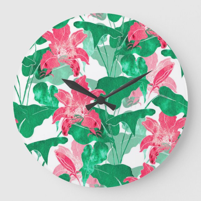Grande Horloge Ronde Fleurs de la nature colorée Motif Feuille (Recto)
