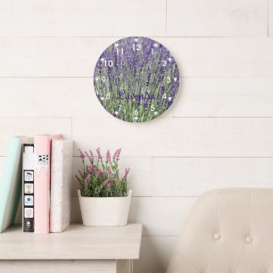 Grande Horloge Ronde Fleurs de lavande avec symboles de cœur Floral