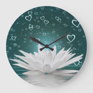 Grande Horloge Ronde Fleurs de Lotus Romantiques Cœurs Zen Yoga Nénupha