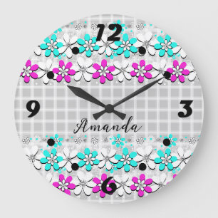 Grande Horloge Ronde Fleurs de néon en papier sur un à damiers gris-bla