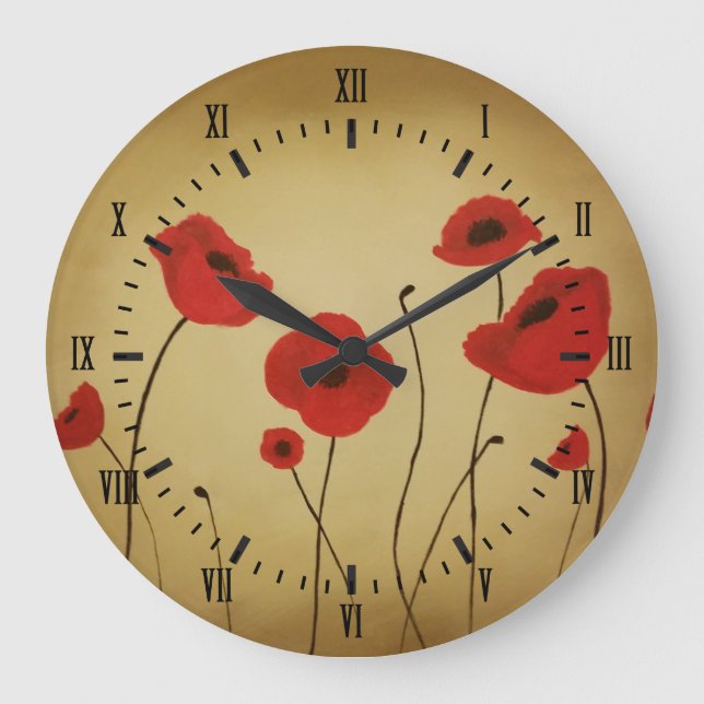 Grande Horloge Ronde Fleurs de pavot rouge Chiffres romains noirs (Recto)
