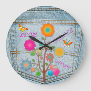 Grande Horloge Ronde Fleurs de poche arrière en denim Paix Amour Espoir