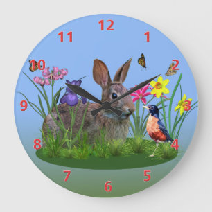 Grande Horloge Ronde Fleurs de printemps, Robin et Lapin lapin