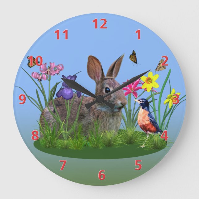 Grande Horloge Ronde Fleurs de printemps, Robin et Lapin lapin (Recto)