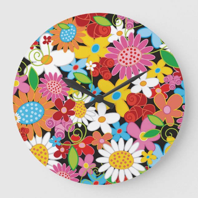 Grande Horloge Ronde Fleurs de printemps Whimsical Jardin coloré Floral (Recto)