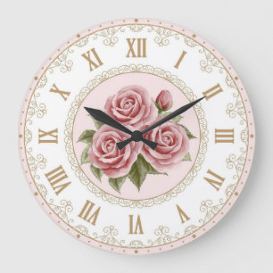 Grande Horloge Ronde Fleurs de rose dorées roses shabby chic vintage