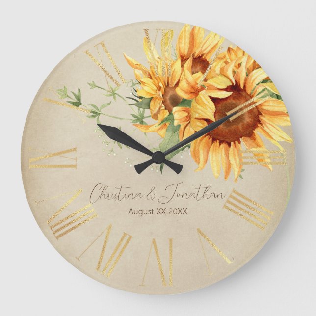 Grande Horloge Ronde Fleurs de soleil d'aquarelle sur parchemin défraîc (Recto)
