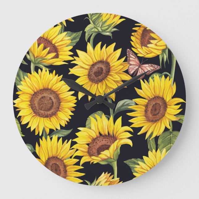 Grande Horloge Ronde Fleurs de soleil, papillons, aquarelle noir (Recto)