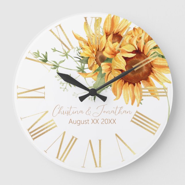Grande Horloge Ronde Fleurs de soleil romantiques aquarelles (Recto)