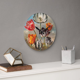 Grande Horloge Ronde Fleurs de tulipes variées vintage dans un paysage