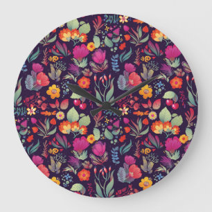 Grande Horloge Ronde Fleurs décoratives : Doodle Vintage sans couture