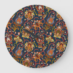 Grande Horloge Ronde Fleurs dessinées à la main : Motif coloré de la ma