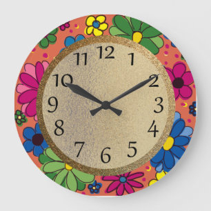 Grande Horloge Ronde Fleurs dessinées à la main Vert Jaune Rose Orange 