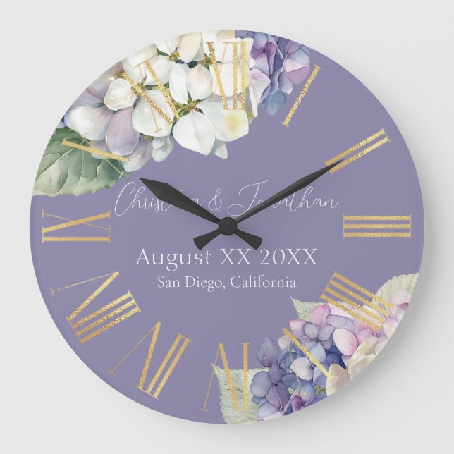 Grande Horloge Ronde Fleurs d'hydrangée violette et blanche sur lavande (Recto)