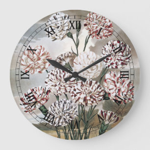 Grande Horloge Ronde Fleurs d'oeillets vintages avec ciel gris