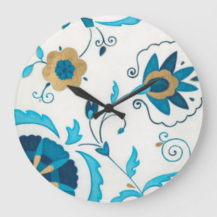 Grande Horloge Ronde Fleurs dorées d'indigo avec l'arrière - plan bla