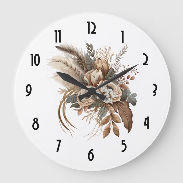 Grande Horloge Ronde Fleurs Élégantes Feuillage et plumes (Recto)