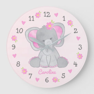 Grande Horloge Ronde Fleurs éléphant gris rose prénom fille nurserie