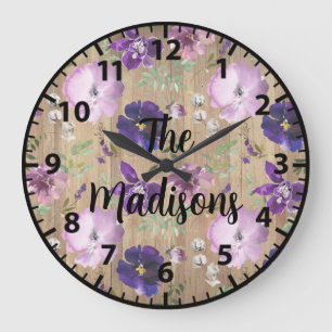 Grande Horloge Ronde Fleurs en bois rustique personnalisées Élégantes V
