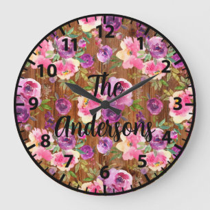 Grande Horloge Ronde Fleurs en bois rustique personnalisées Roses roses