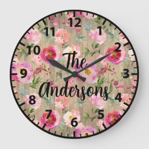 Grande Horloge Ronde Fleurs en bois rustique personnalisées Roses roses