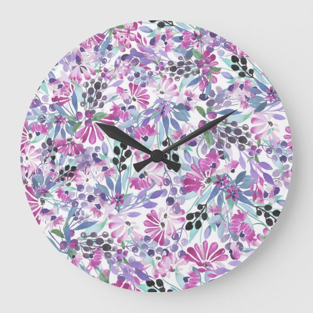 Grande Horloge Ronde Fleurs et baies pourpres : Aquarelle (Recto)