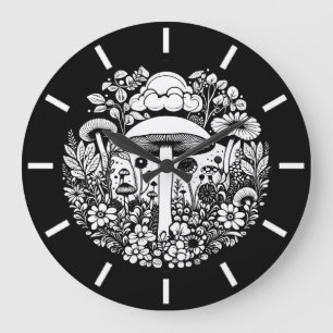 Grande Horloge Ronde Fleurs et champignons noirs et blancs Vintages
