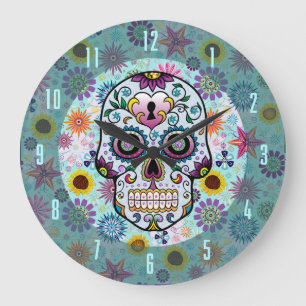 Grande Horloge Ronde Fleurs et diamants rétro colorés Design crâne