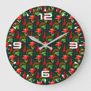 Grande Horloge Ronde Fleurs Exotiques Colorées Motif Feuilles-23187