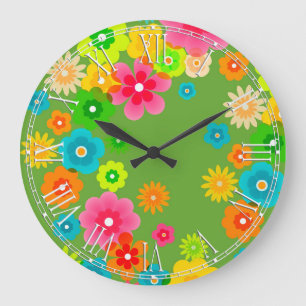Grande Horloge Ronde Fleurs florales colorées de Bohème de Boho rétros