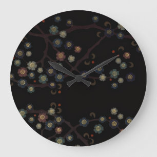 Grande Horloge Ronde Fleurs multicolores sur fond noir