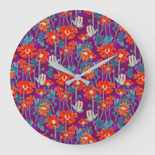 Grande Horloge Ronde Fleurs orange sur coussin pourpre