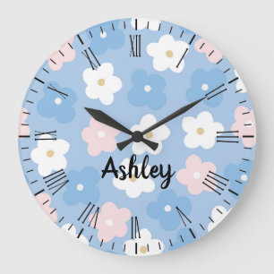 Grande Horloge Ronde Fleurs Pastel Retro en bleu