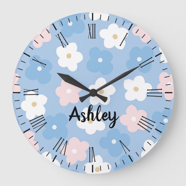 Grande Horloge Ronde Fleurs Pastel Retro en bleu (Recto)
