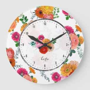 Grande Horloge Ronde Fleurs printanières Illustration colorée à la main