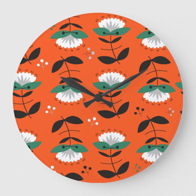 Grande Horloge Ronde Fleurs rétro, feuille : motif sans soudure. (Recto)
