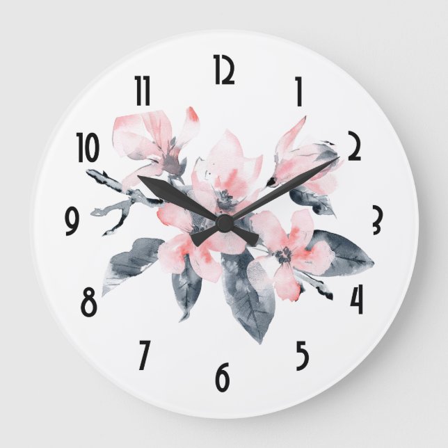 Grande Horloge Ronde Fleurs rose et gris Aquarelle classique (Recto)